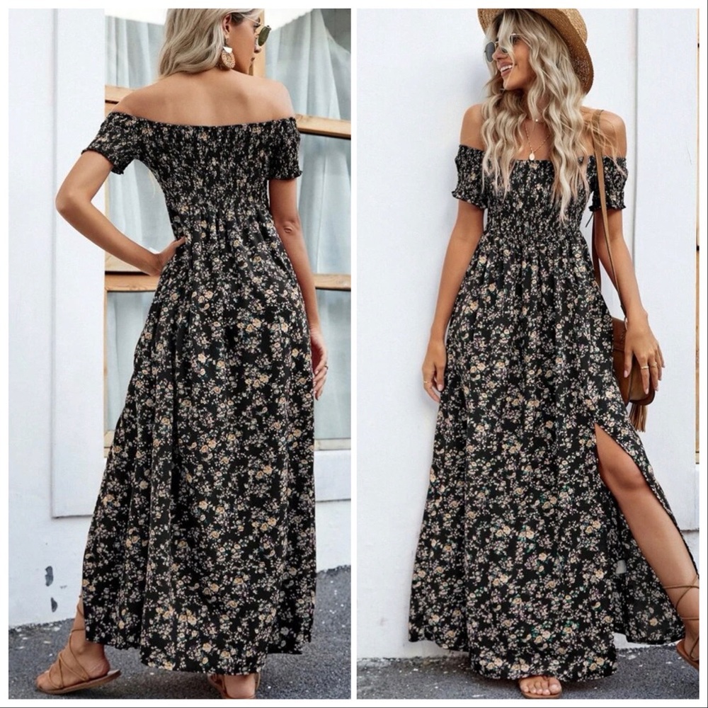 Off Shoulder Ditsy Floral Puff Dress
